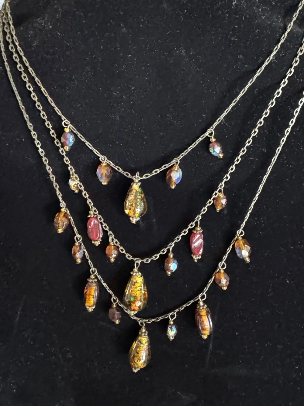 Multi-Layered Gold Tone Necklace with Iridescent Amber and Pink‎ Glass Drops